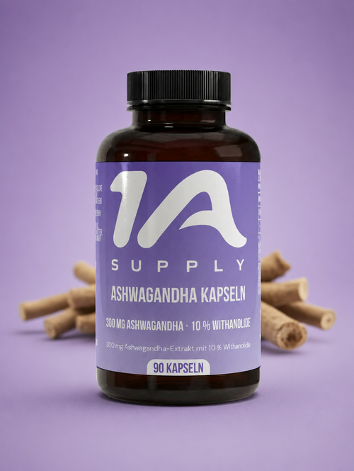 1A Supply Ashwagandha Kapseln, Dose mit Ashwagandha-Wurzeln auf lila Hintergrund