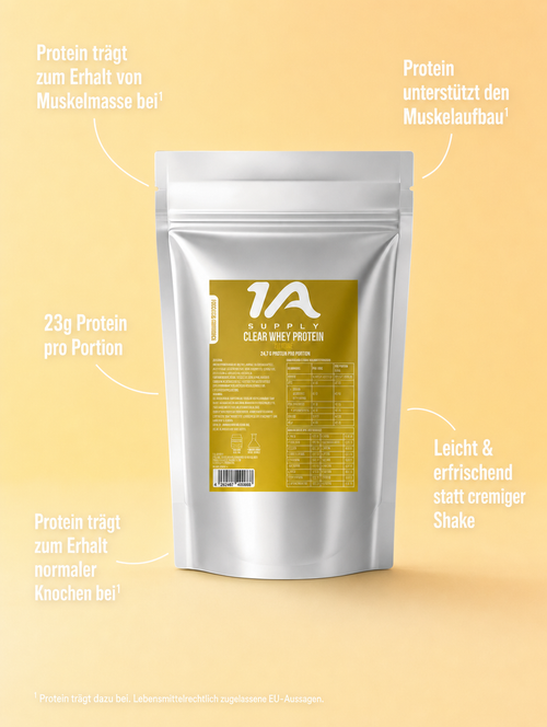 1A Supply Clear Whey Protein Pulver Beutel mit Beschriftungen zu den Produktmerkmalen