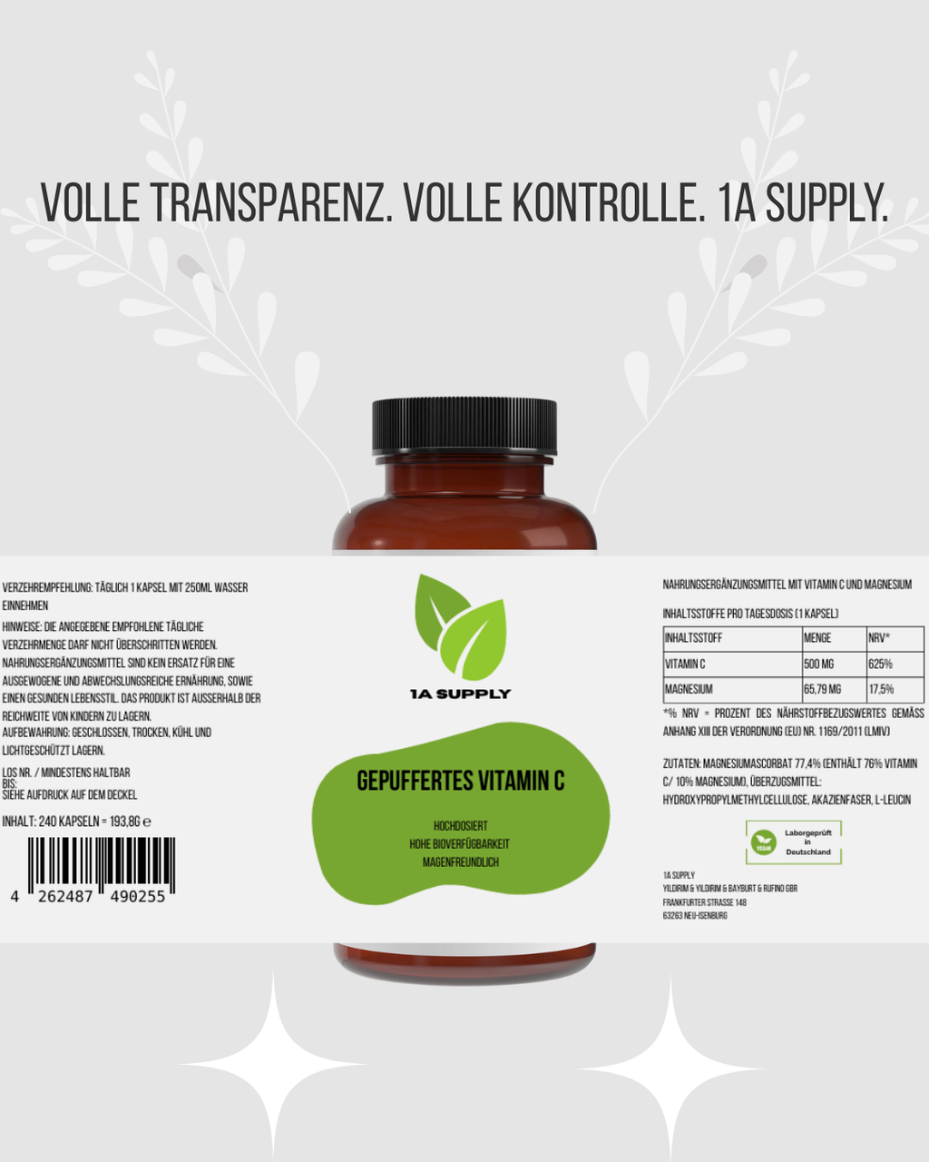 Gepuffertes Vitamin C 500mg + Magnesium - 1A Supply