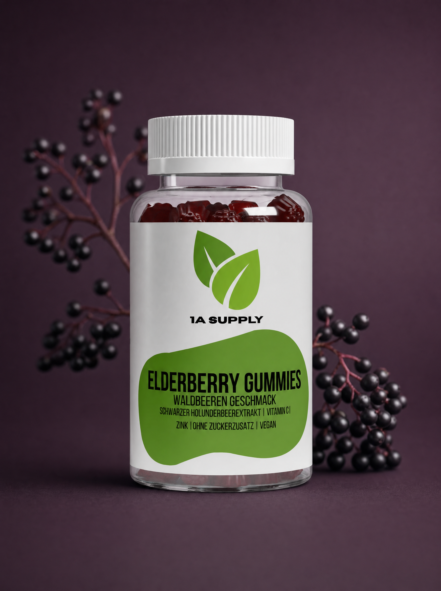 1A Supply Elderberry Gummies Flasche mit dunklen Beeren und grünen Blättern.