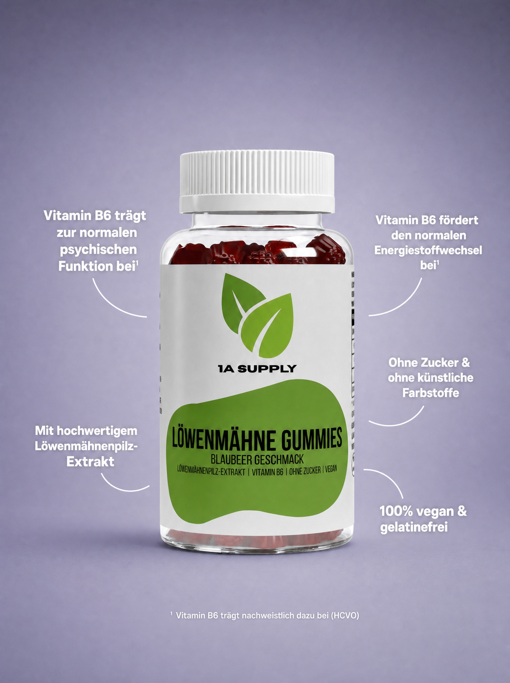 Löwenmähne + Vitamin B6 Gummies in einem weißen Glas mit grünem Etikett, Blaubeer-Geschmack.