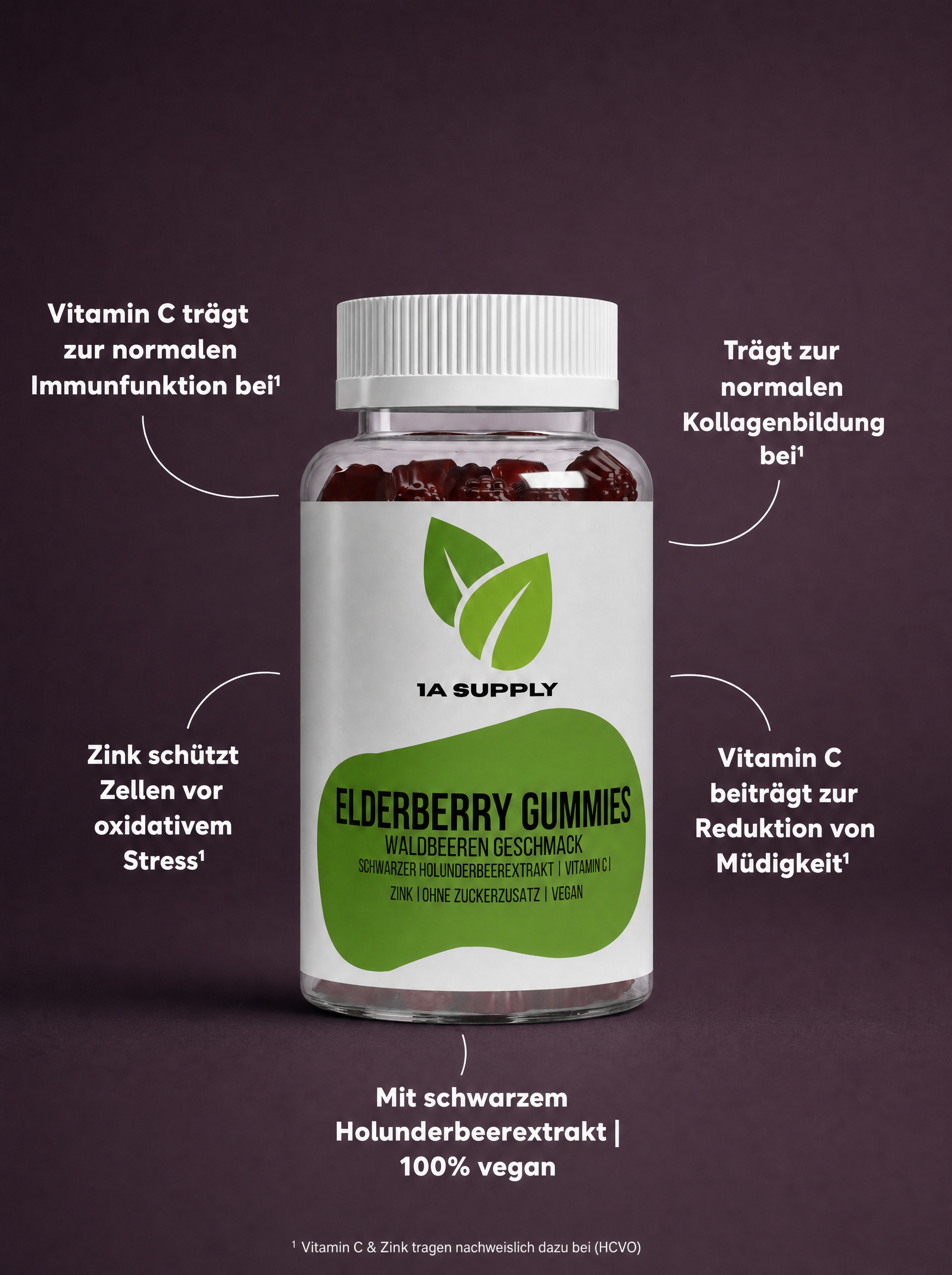 Flasche mit grünen Elderberry Gummies, Vitamin C & Zink, vegan, auf dunklem Hintergrund.