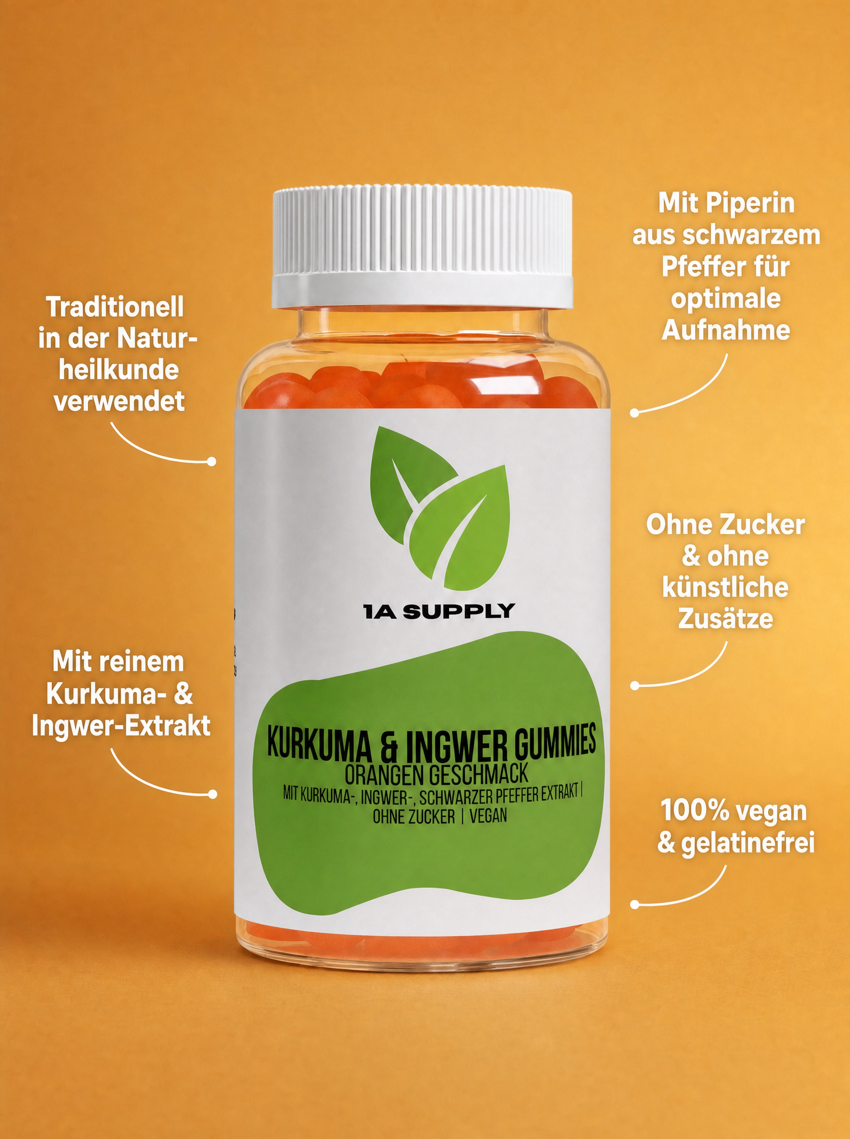 Transparente Flasche 1A Supply Kurkuma & Ingwer Gummies mit Orangen-Geschmack, gefüllt mit orangefarbenen Gummibärchen.