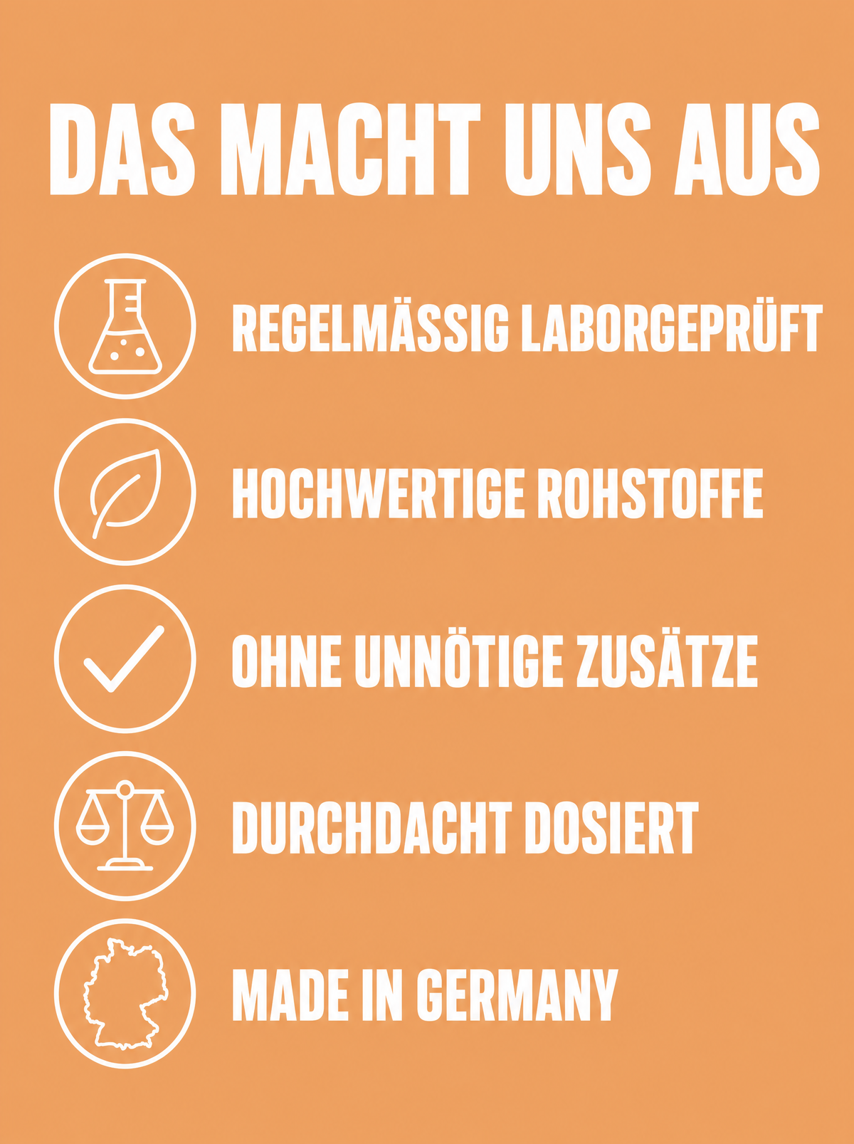 Orangefarbene Infografik mit 5 weißen Icons und Text zu Laborprüfung, Rohstoffen, Zusätzen, Dosierung, Made in Germany.