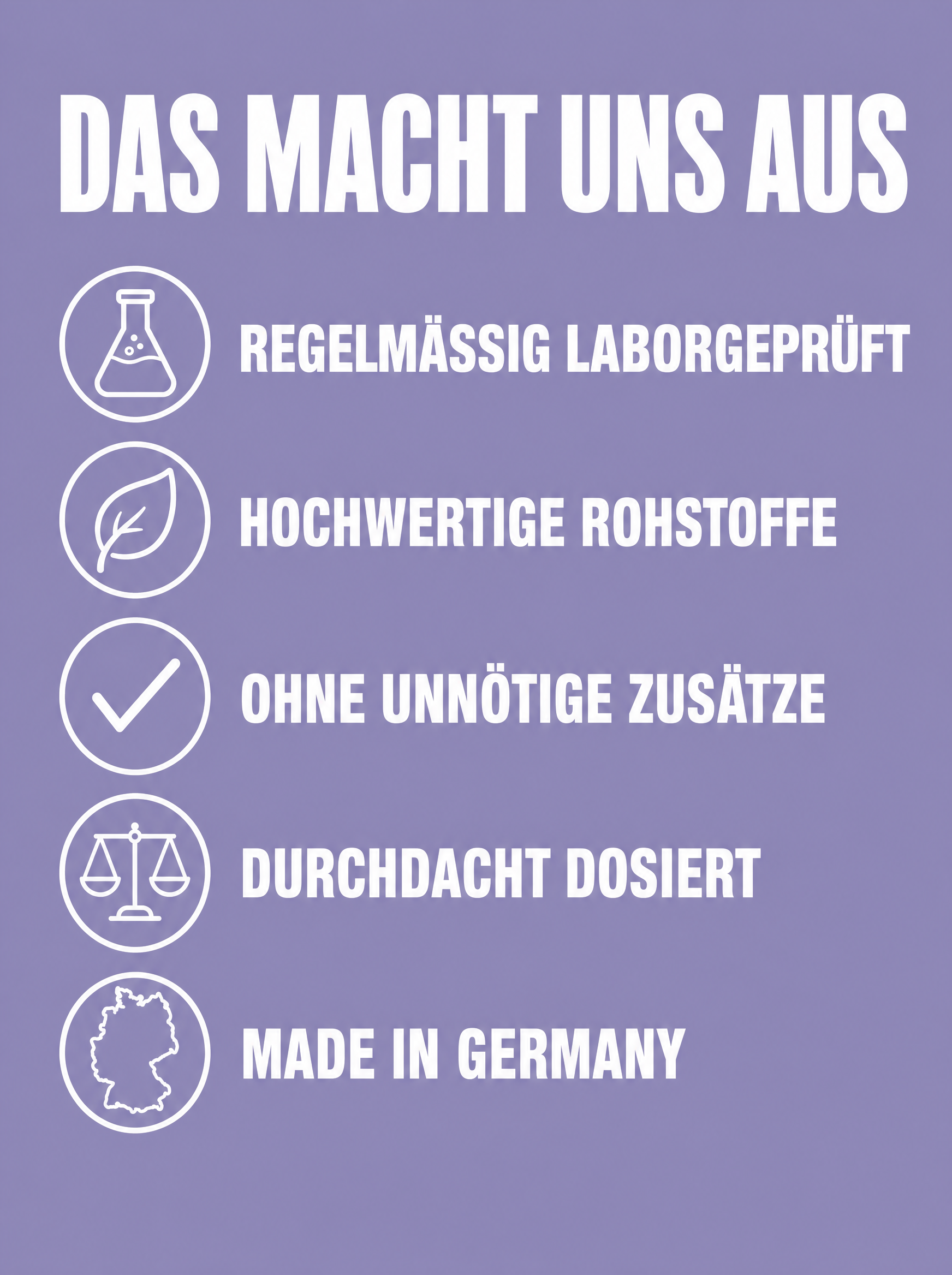 Lila Hintergrund mit weißen Icons und Text: "DAS MACHT UNS AUS", "Regelmäßig Laborgeprüft", "Hochwertige Rohstoffe", "Ohne unnötige Zusätze", "Durchdacht Dosiert", "Made in Germany".