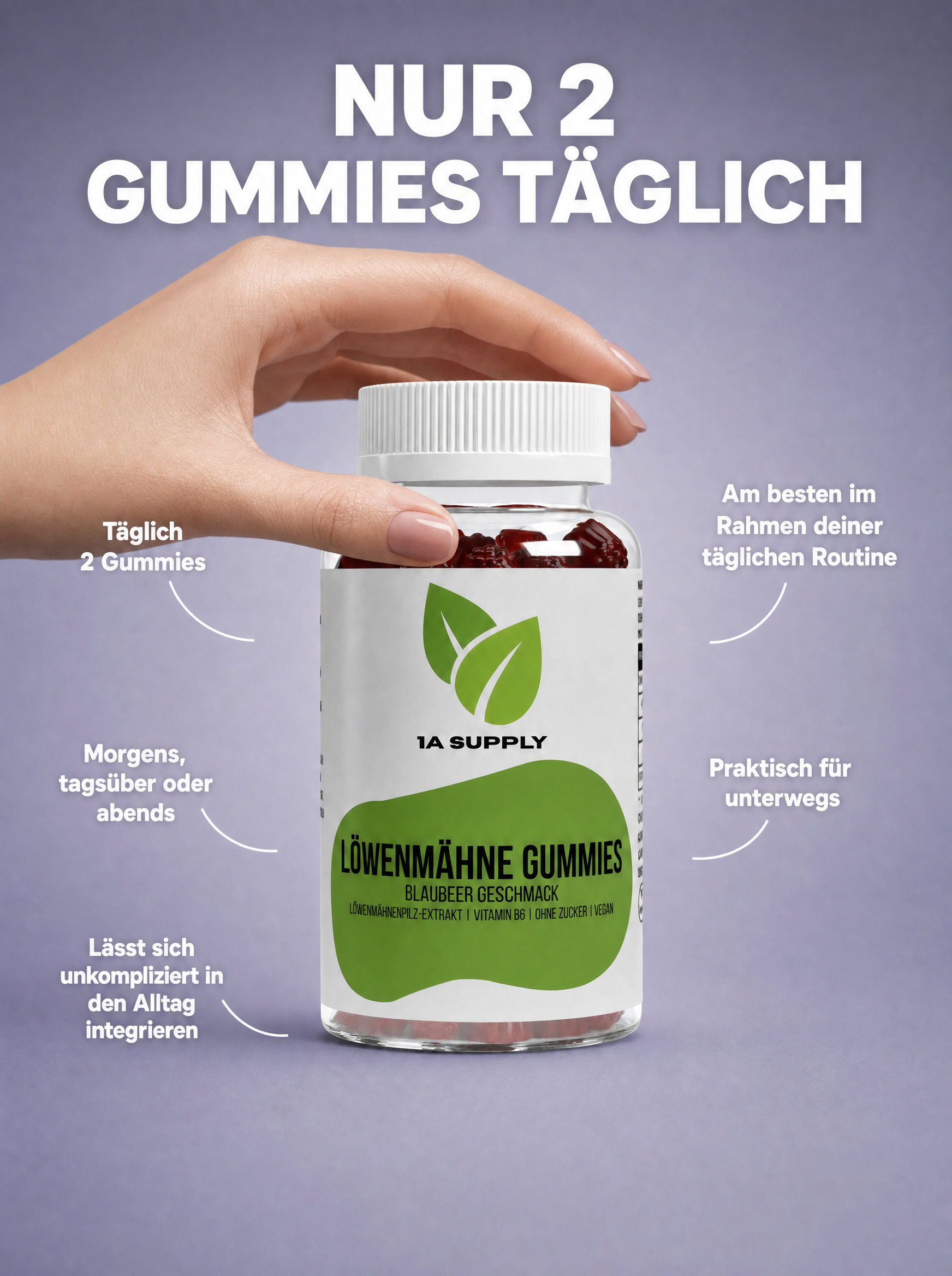 Hand hält eine Flasche 1A Supply Löwenmähne Gummies mit Blaubeer-Geschmack, vegan und zuckerfrei.