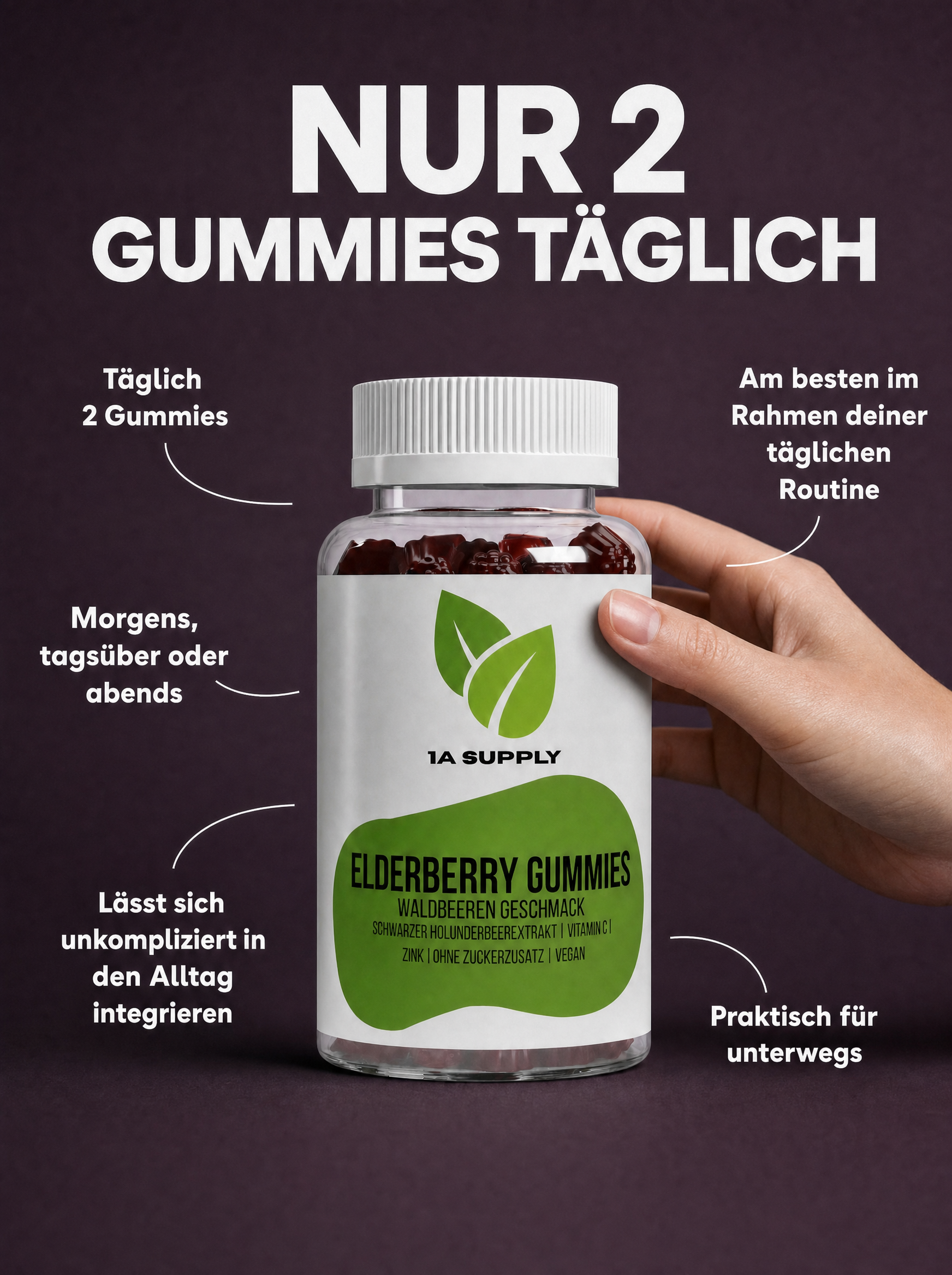Hand hält 1A Supply Elderberry Gummies Flasche mit weißem Deckel und grünem Etikett, umgeben von Text.