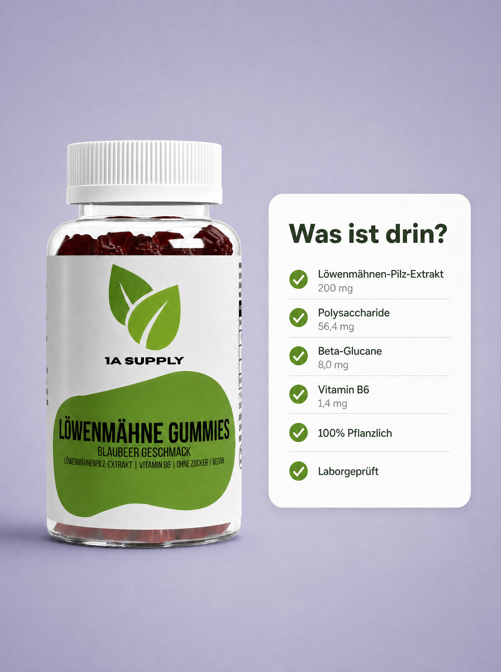 Transparente Flasche mit Löwenmähne Gummies, grünes Etikett, daneben eine Infografik zu Inhaltsstoffen.