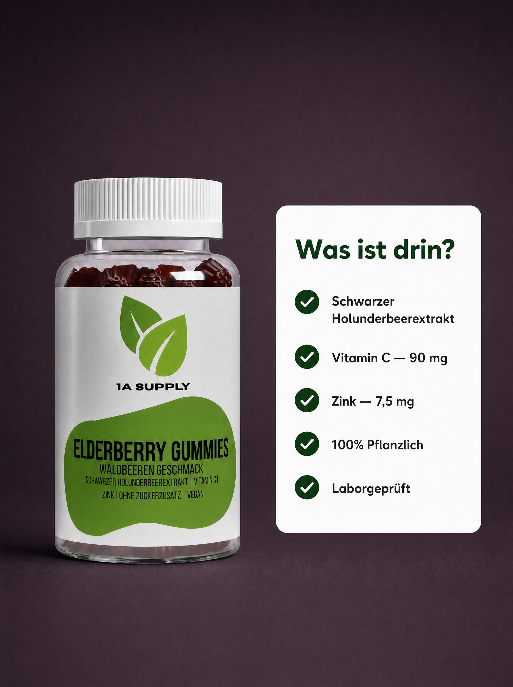 Weiße Flasche 1A Supply Elderberry Gummies mit Waldbeeren Geschmack, Vitamin C & Zink, daneben Inhaltsstoffe.