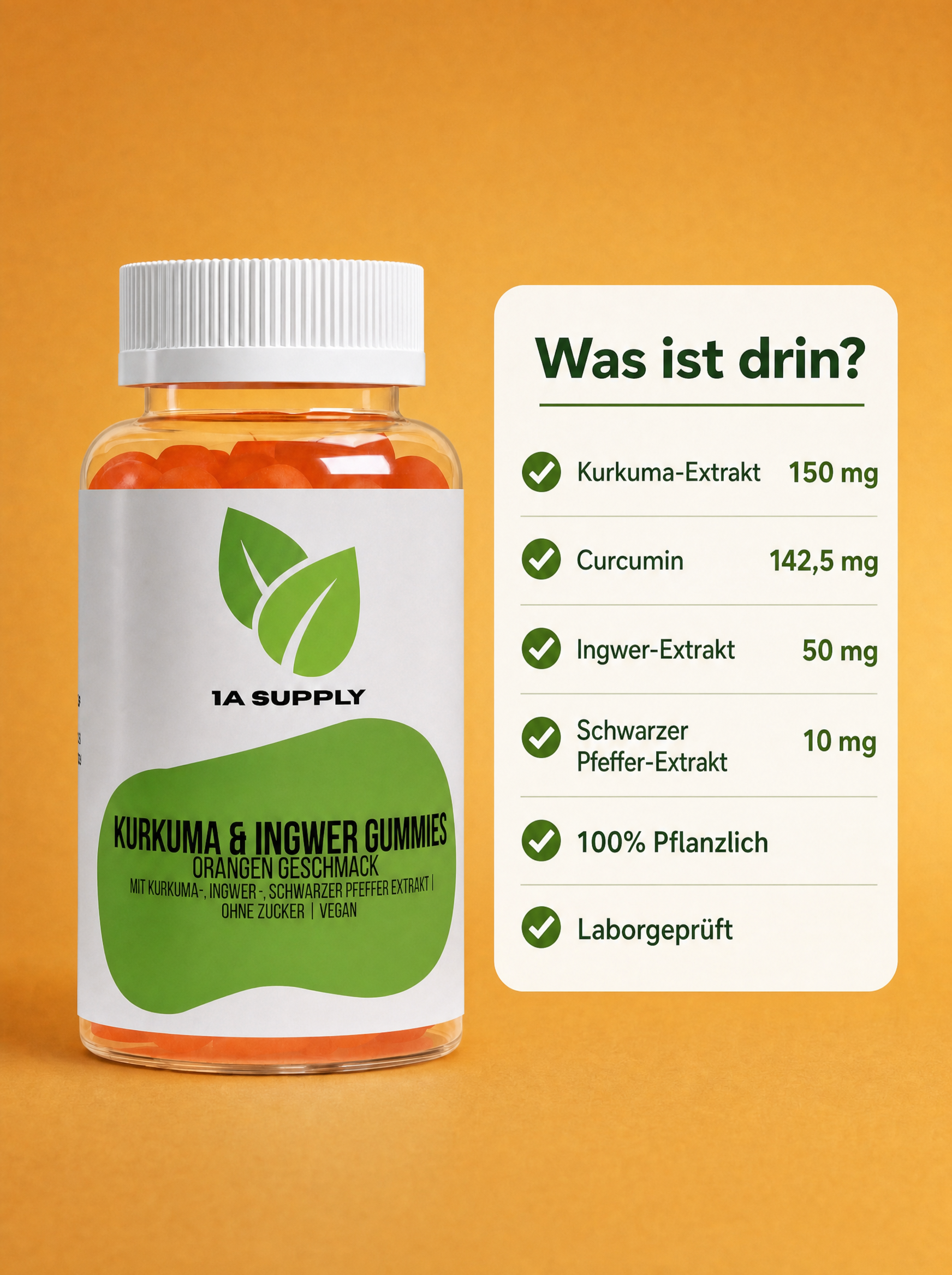 Transparente Flasche mit orangefarbenen Kurkuma & Ingwer Gummies, daneben eine Liste der Inhaltsstoffe.